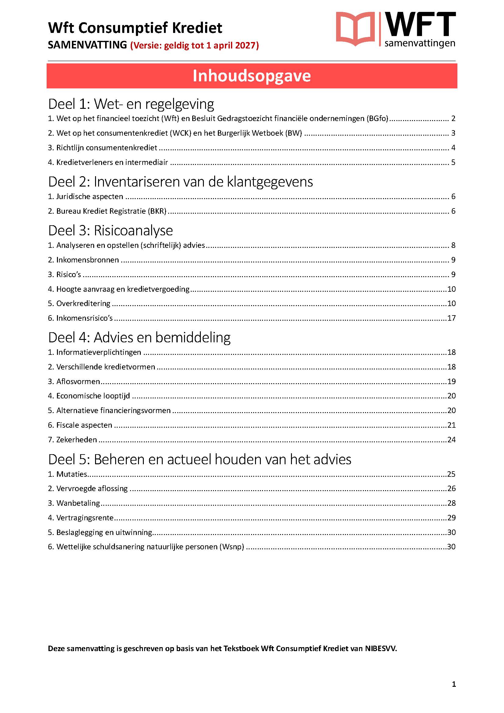 Inhoudsopgave Wft Consumptief Krediet Samenvatting