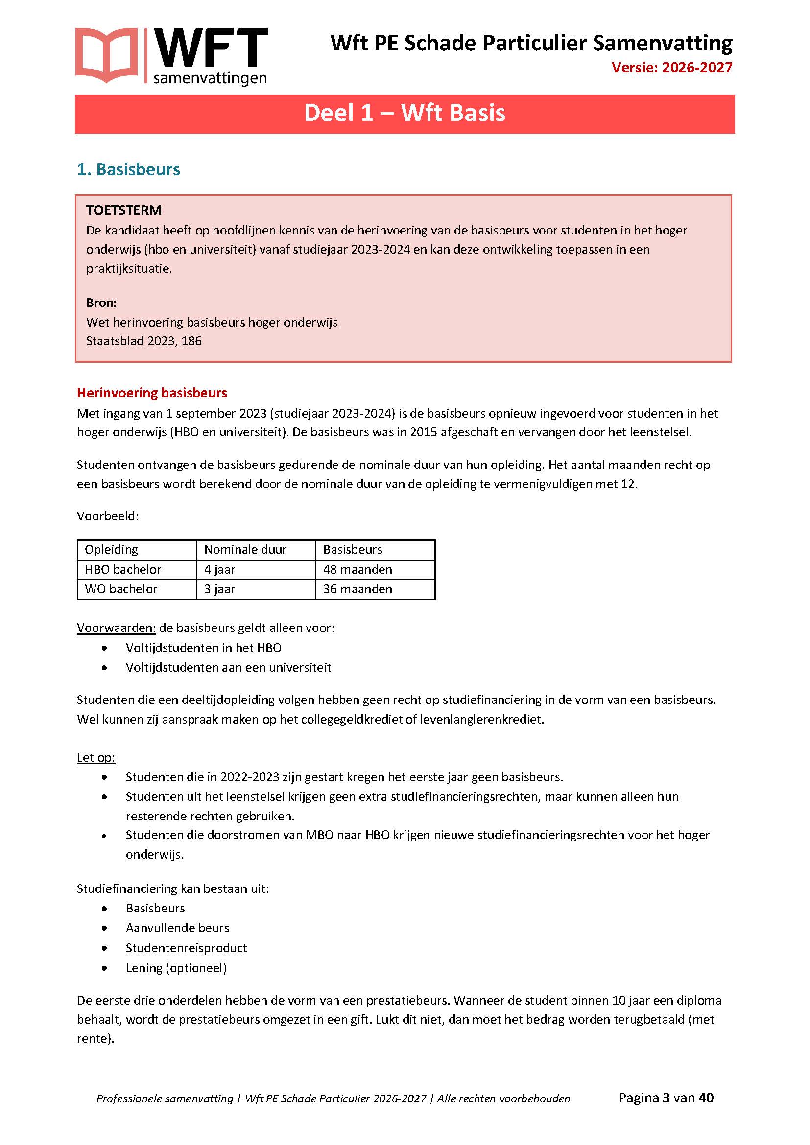 Inkijkpagina Wft PE Schade Particulier samenvatting met toetsterm en uitleg