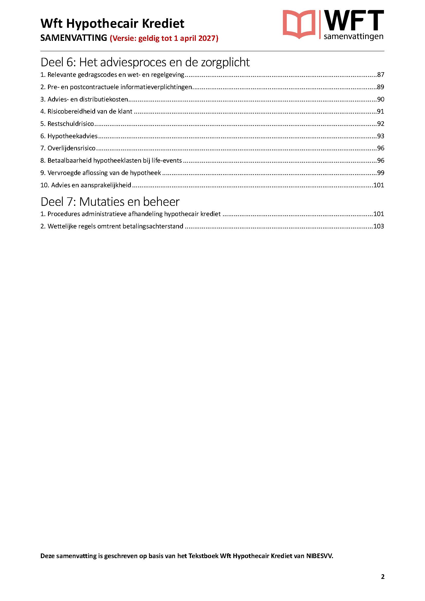 Inhoudsopgave pagina 2 Wft Hypothecair Krediet Samenvatting